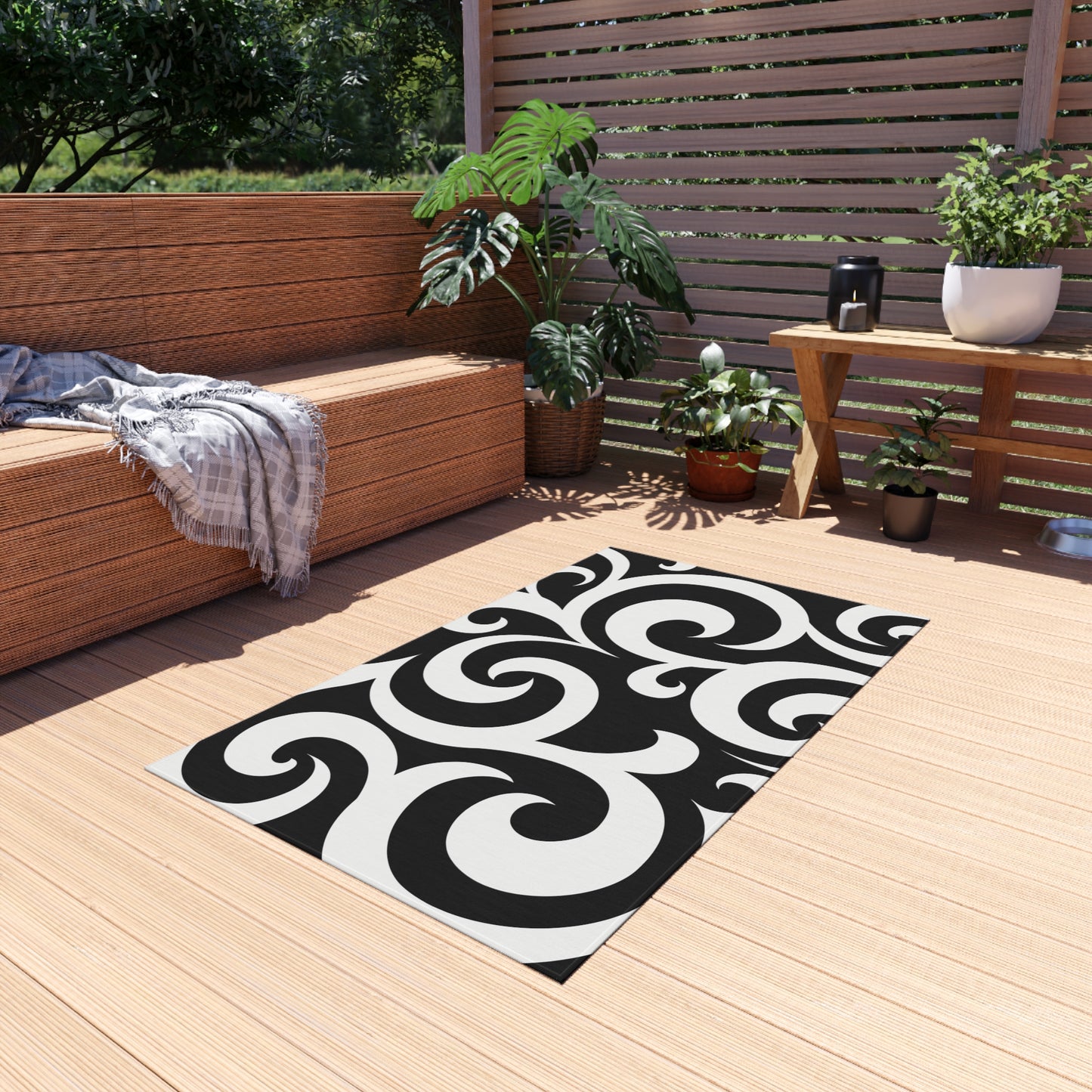 Black White Swirl Pattern Outdoor Rug | Modern Scroll Patio Mat