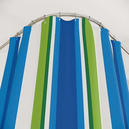 Blue Green Striped Shower Curtain | Coastal Bathroom Stripe Pattern