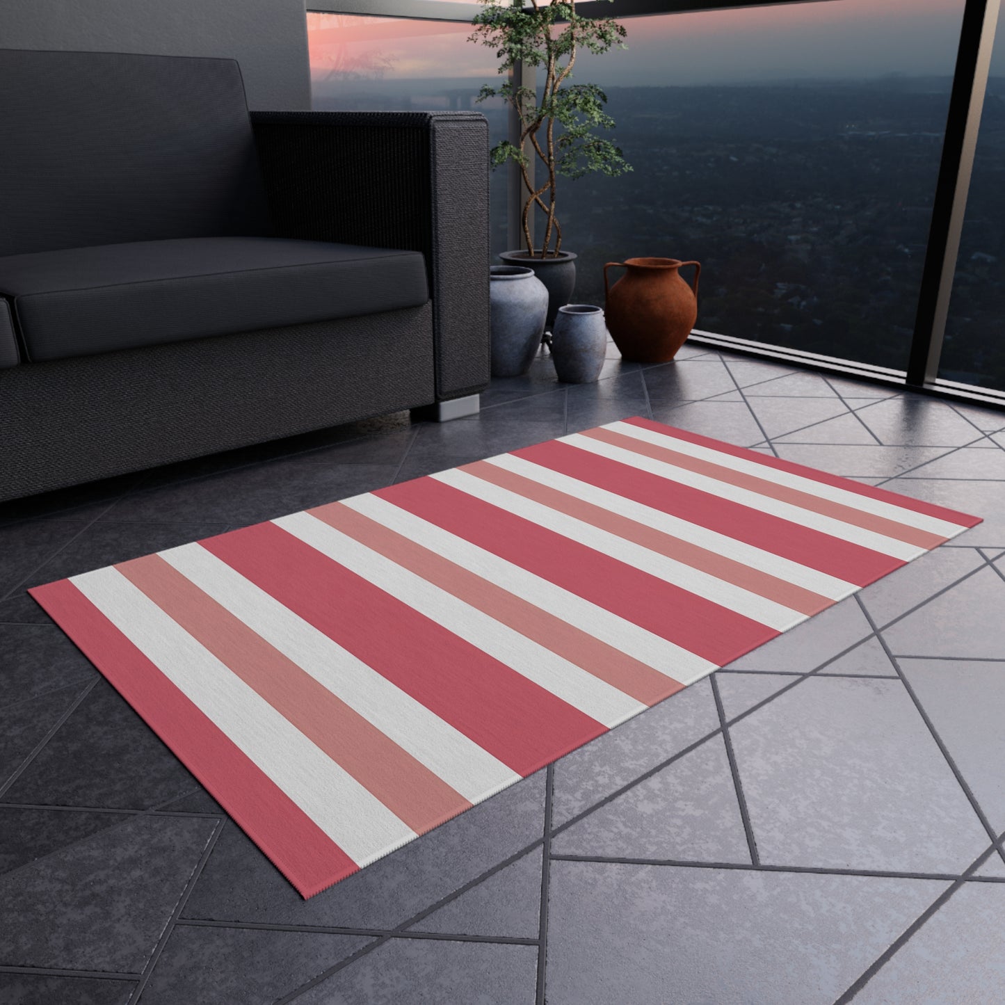 Light Pink Medium Pink White Striped Outdoor/Indoor Rug | Patio Mat
