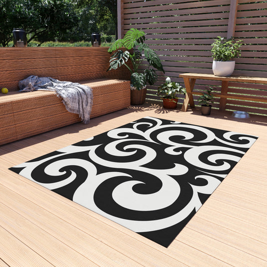 Black White Swirl Pattern Outdoor Rug | Modern Scroll Patio Mat