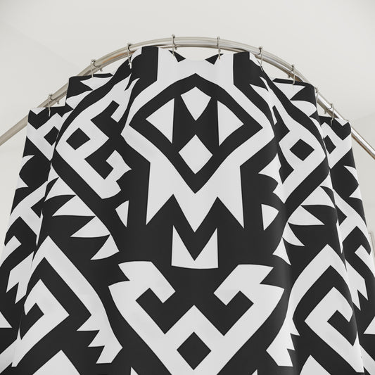 Black White Aztec Boho Geometric Shower Curtain | Tribal Pattern Bathroom