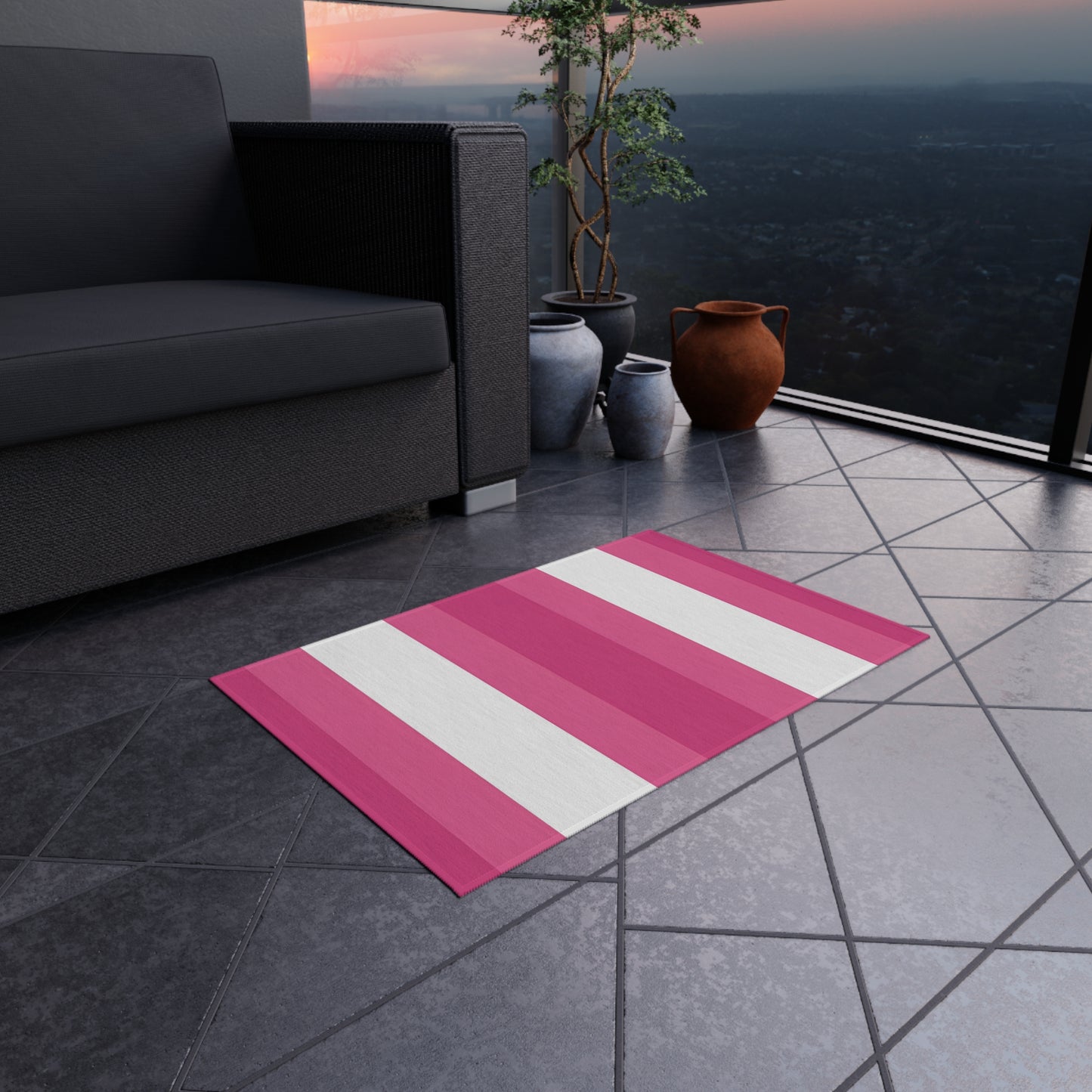 Pink White Striped Outdoor/Indoor Rug | Patio Mat