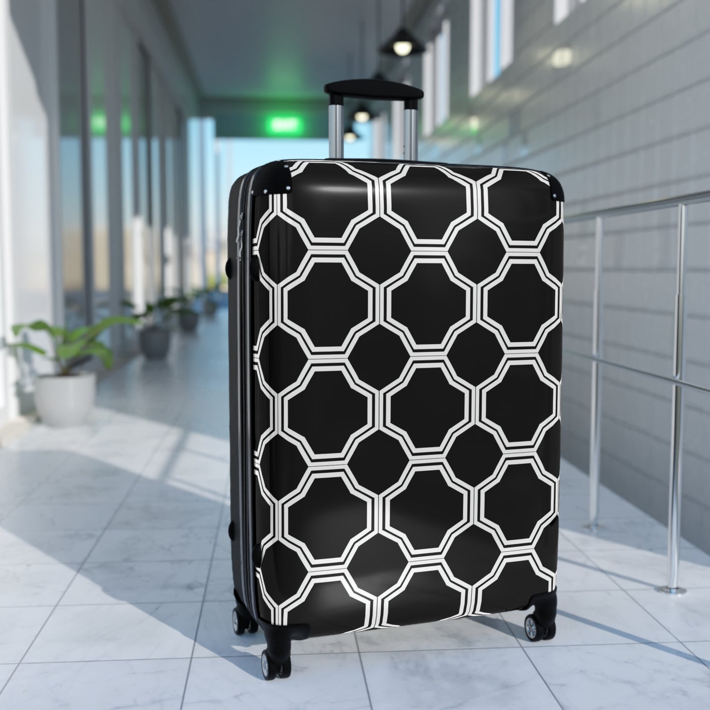 Black and White Octagon Tile Suitcase | Geometric Pattern Travel Luggage