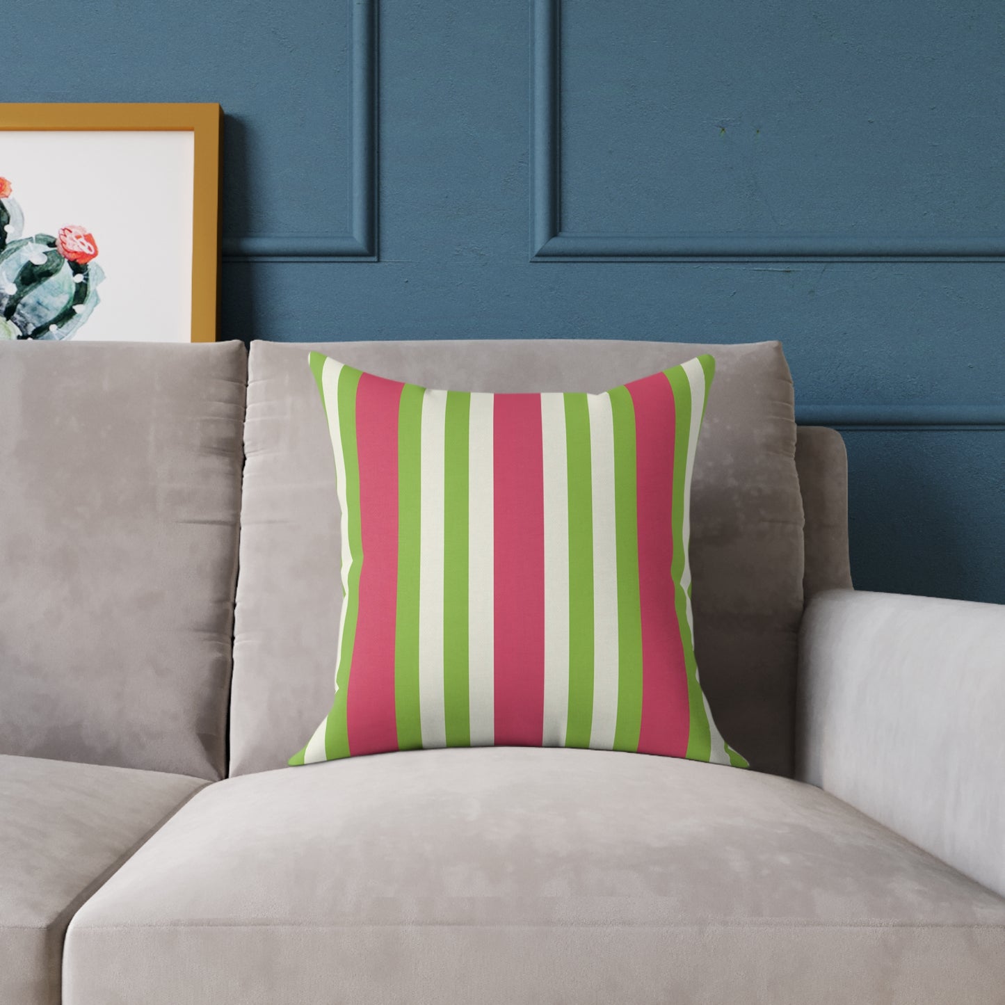 Watermelon Pink Green Vertical Stripe Pillow | Square Poly Canvas Pillow