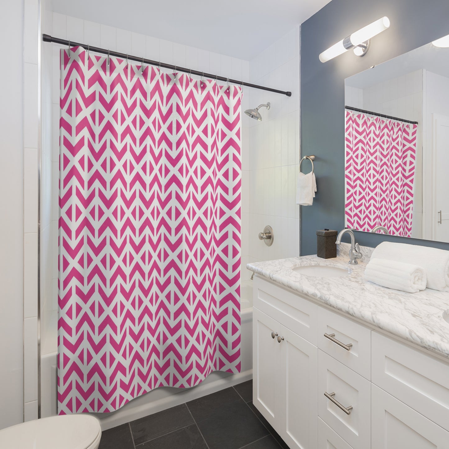 Pink Geometric Chevron Shower Curtain | Modern Pattern Bathroom Decor, Boho Bathroom Accessory