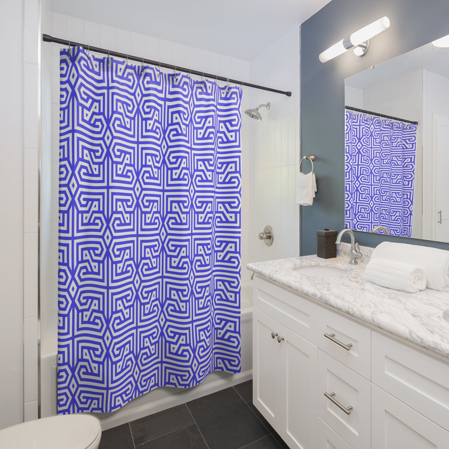 Periwinkle Geometric Pattern Shower Curtain | Greek Key Inspired, Modern Bathroom Decor, Abstract Design, Housewarming Gift, Unique Style