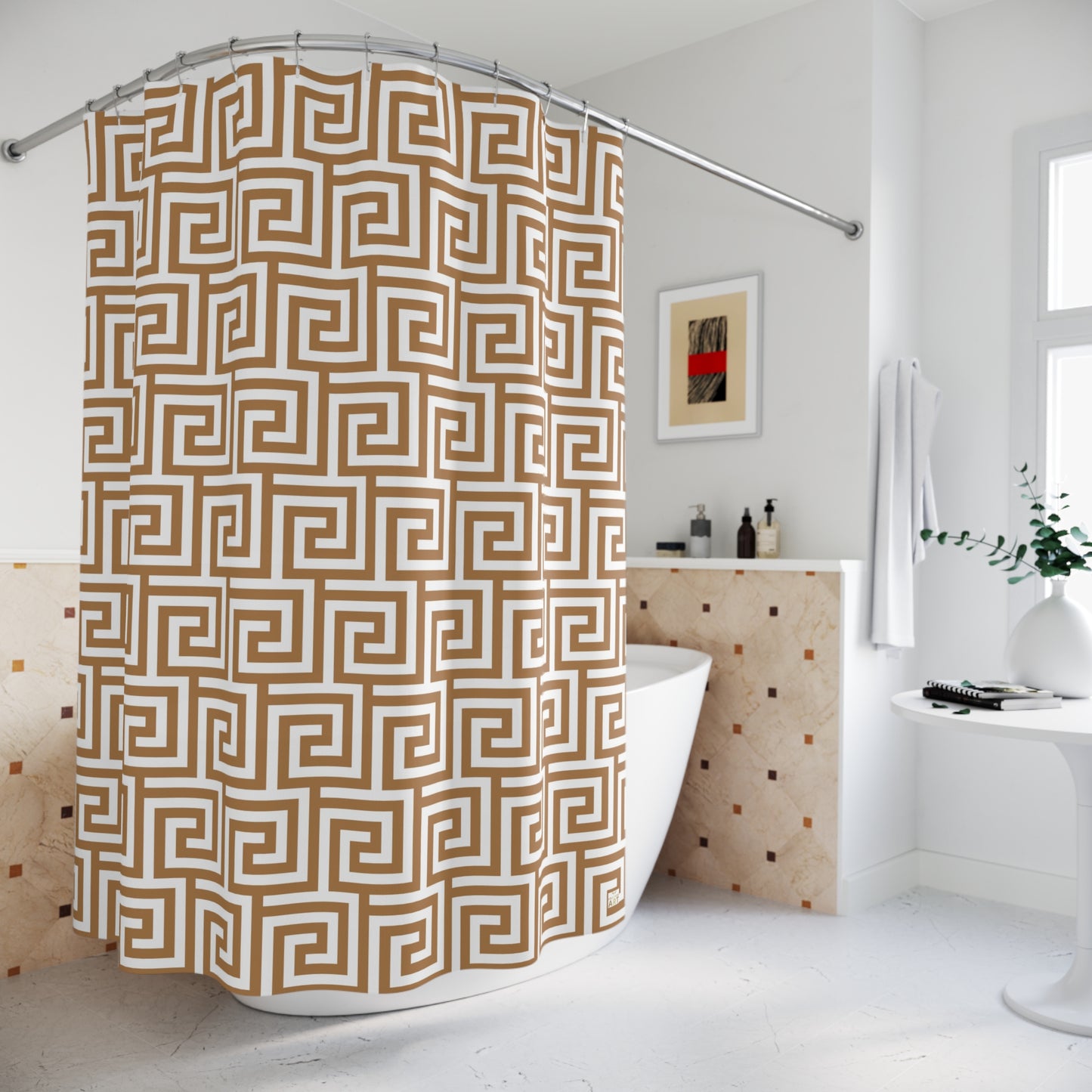 Light Brown and White Greek Key pattern Shower Curtain | Geometric Bathroom Decor Glam Bathroom Accessory