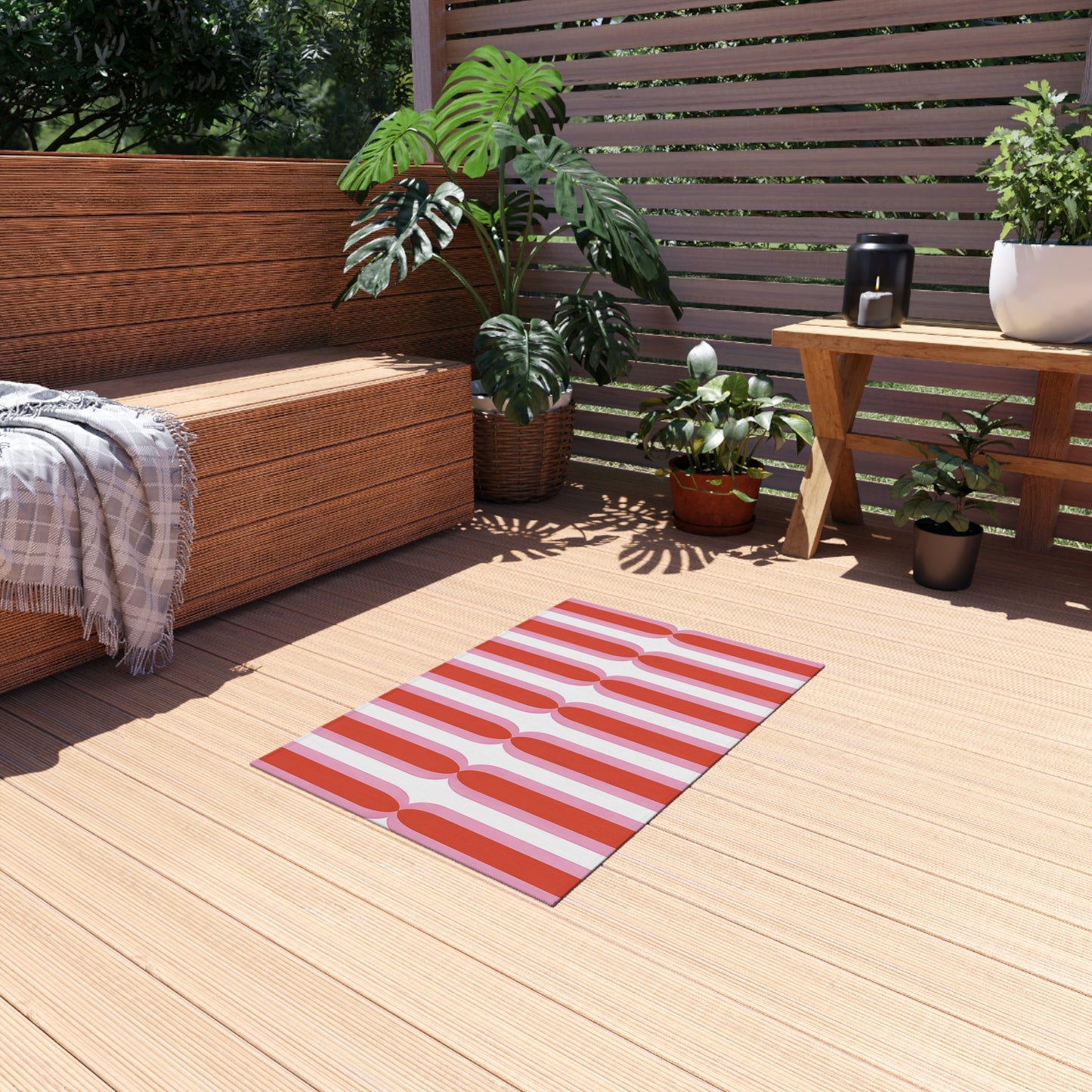 Retro Pink Orange White Stripe Outdoor/Indoor Rug | Geometric Patio Mat