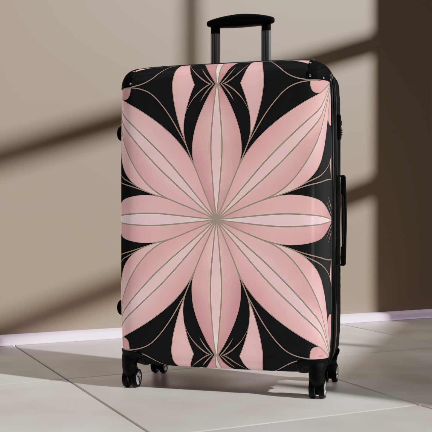 Suitcase, Luggage, Travel Bag, Art Deco, Flower Design, Pink and Black, Hollywood Regency, Unique Suitcase, Vintage Suitcase, Retro Travel