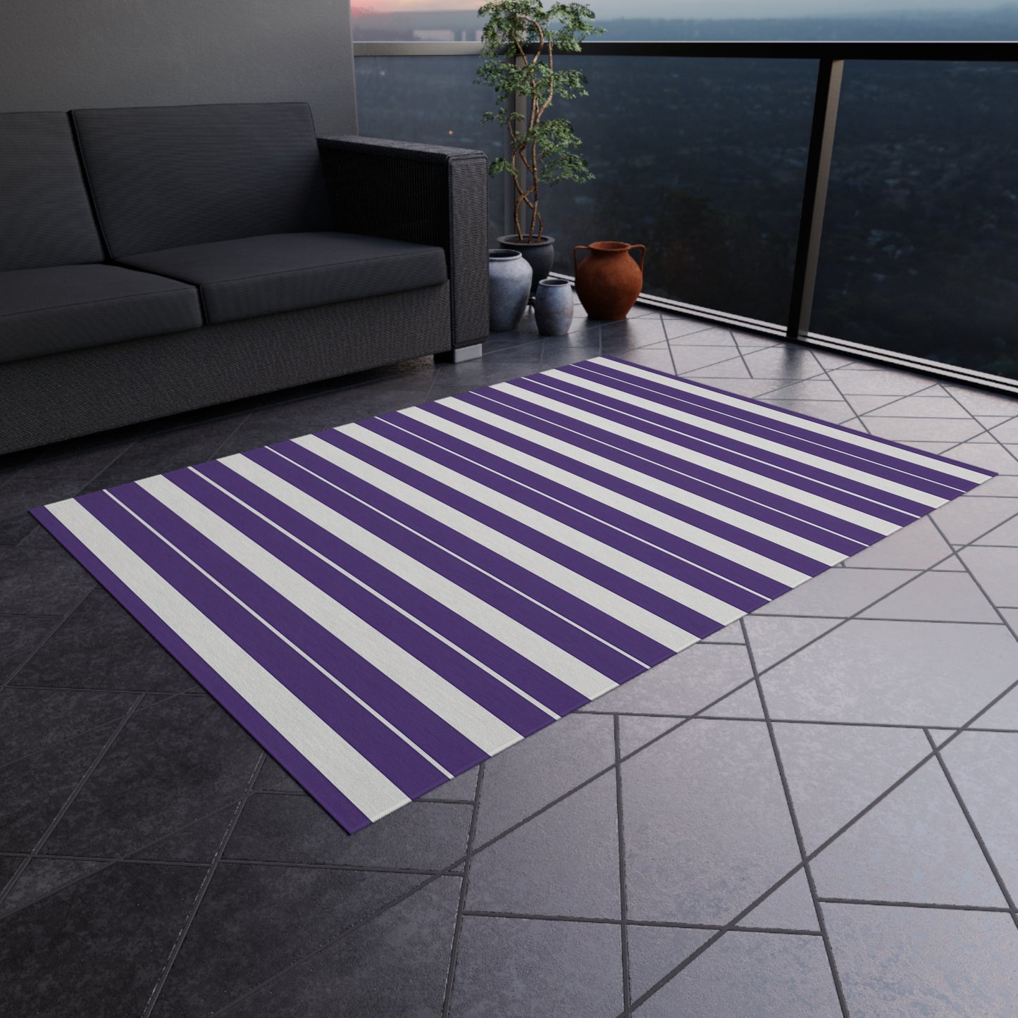 Purple White Stripe Outdoor/Indoor Rug | Patio Mat, Weather-Resistant Striped Doormat