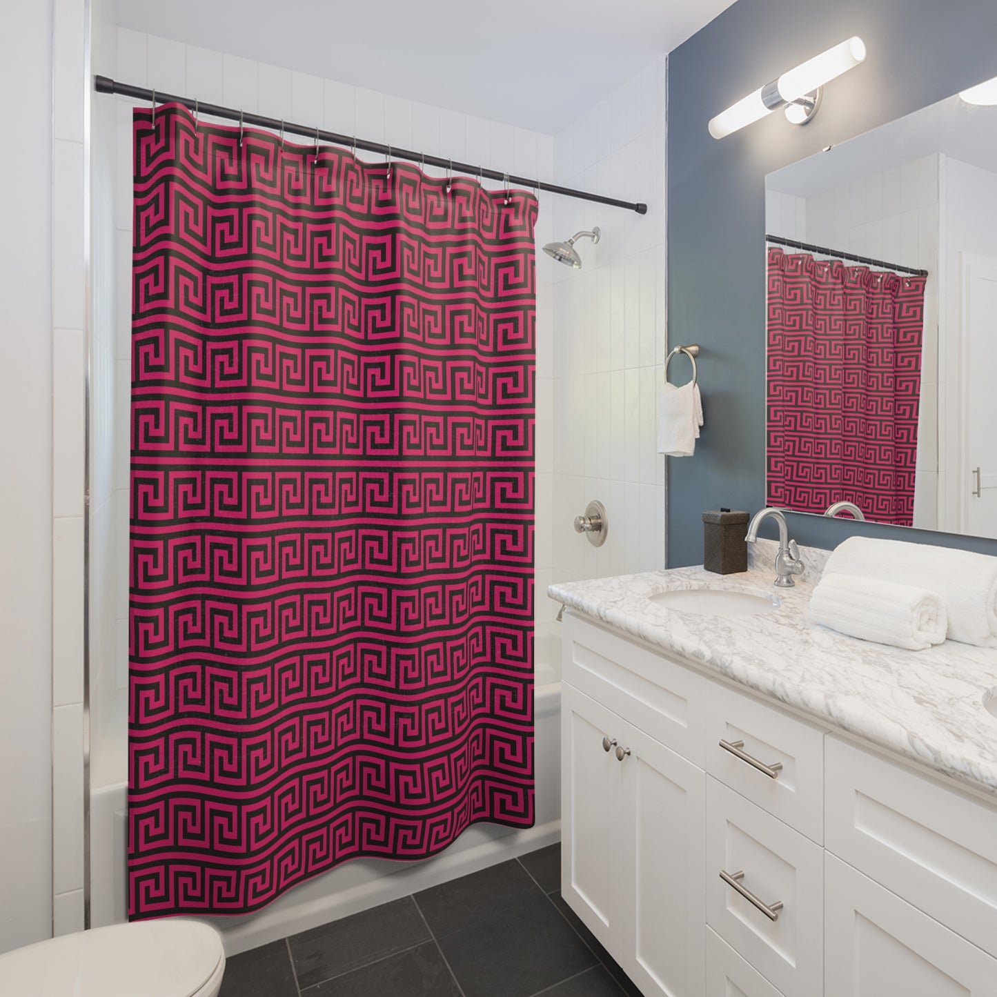 Fuchsia and Black Greek Key Shower Curtain | Geometric Bathroom Decor, Glamorous Bathroom Accessory