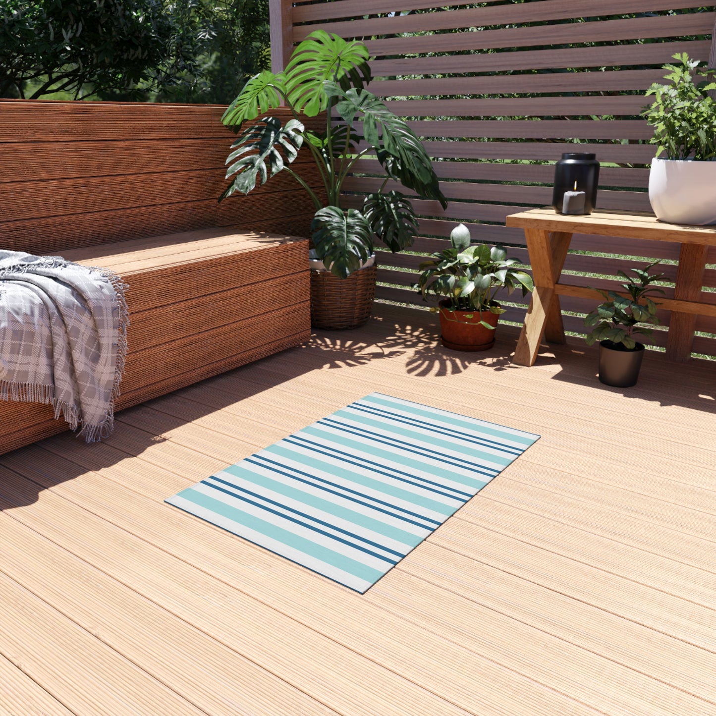 Blue White Striped Coastal Pattern Outdoor Rug | Patio Mat