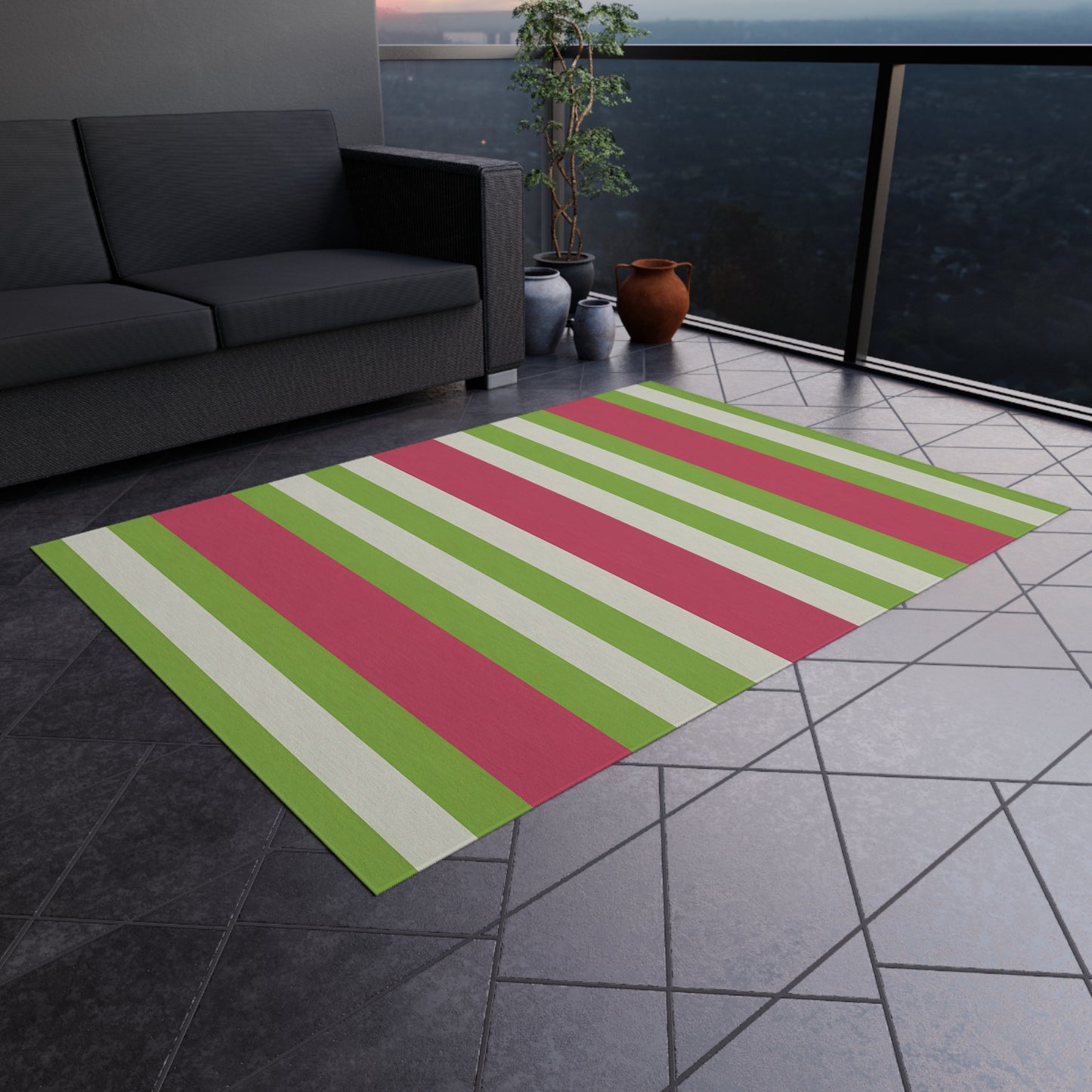 Watermelon Pink and Green Striped Outdoor Rug | Patio Mat