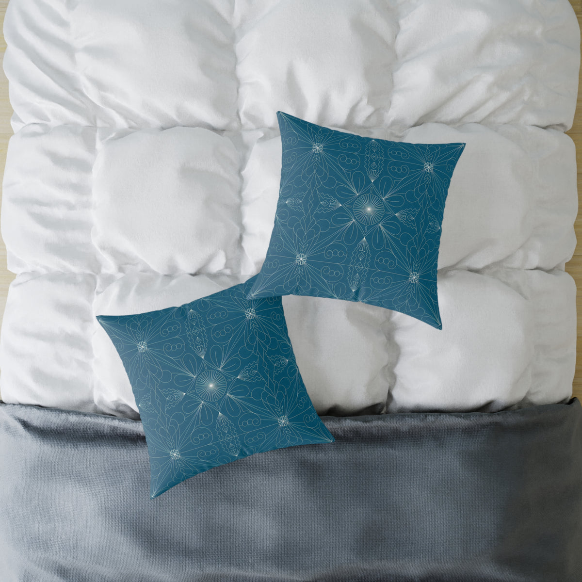 Teal Geometric Mandala Square Poly Canvas Pillow | Floral Star Pattern