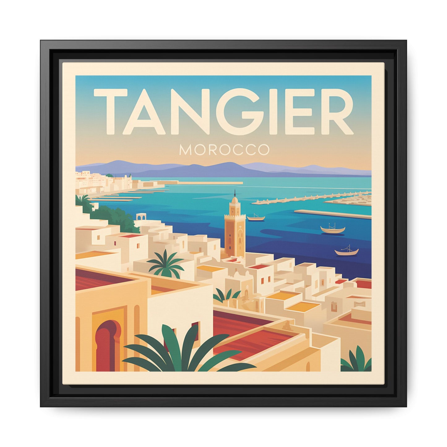 Tangier Morocco Travel Framed Wall Art Matte Canvas | Vintage Style Coastal Wall Art