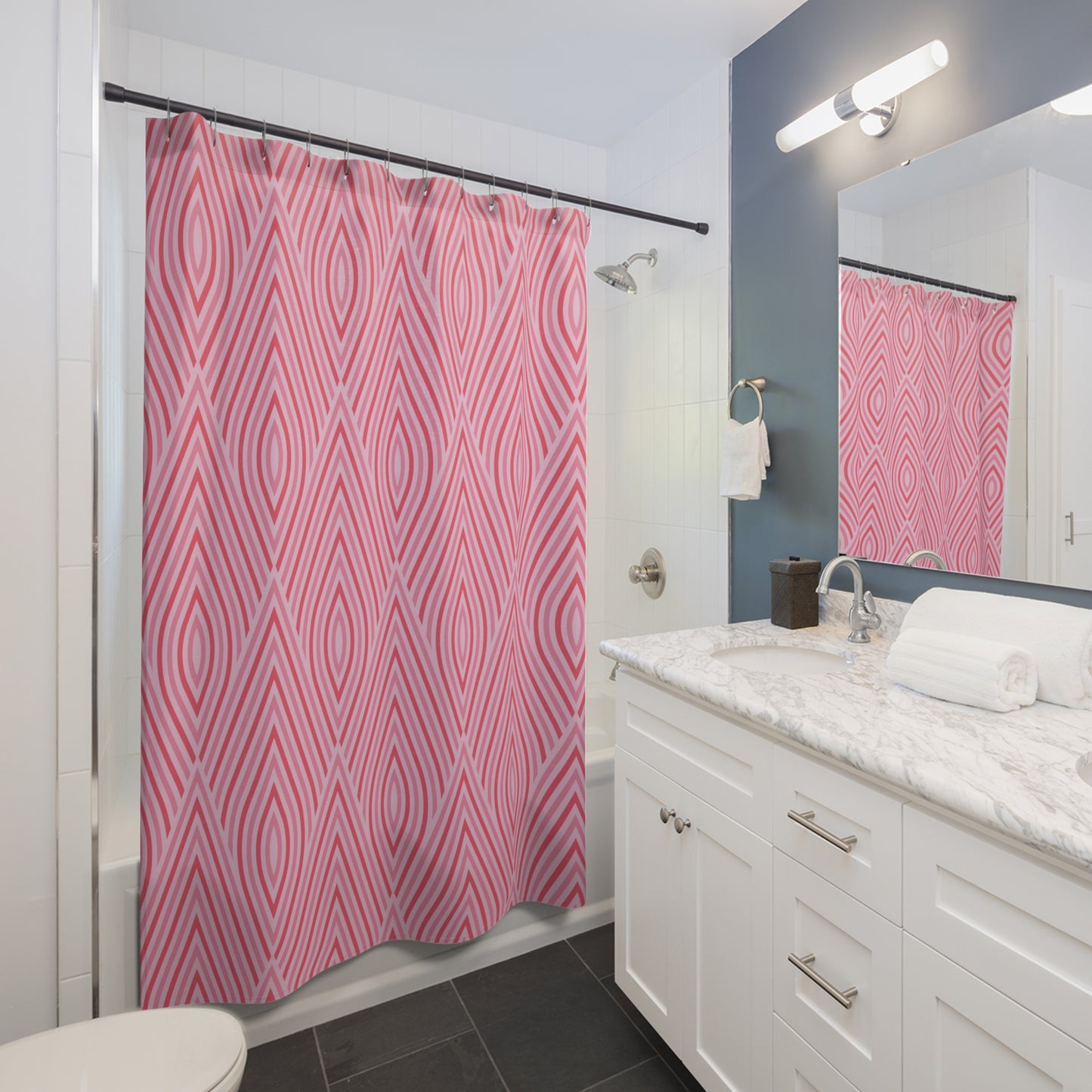 Pink Geometric Diamond Pattern Shower Curtain | Retro Striped Bath Decor, Boho Bath Accessory