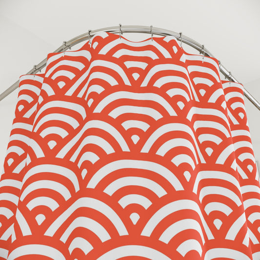 Orange Scallop Wave Pattern Shower Curtain | Japanese Seigaiha Style