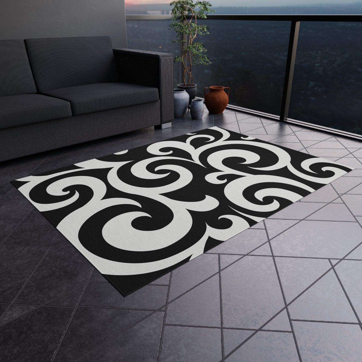 Black White Swirl Pattern Outdoor Rug | Modern Scroll Patio Mat