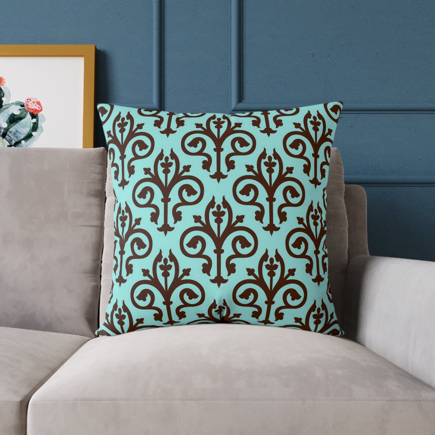 Turquoise Brown Damask Square Pillow | Decorative Throw Pillow