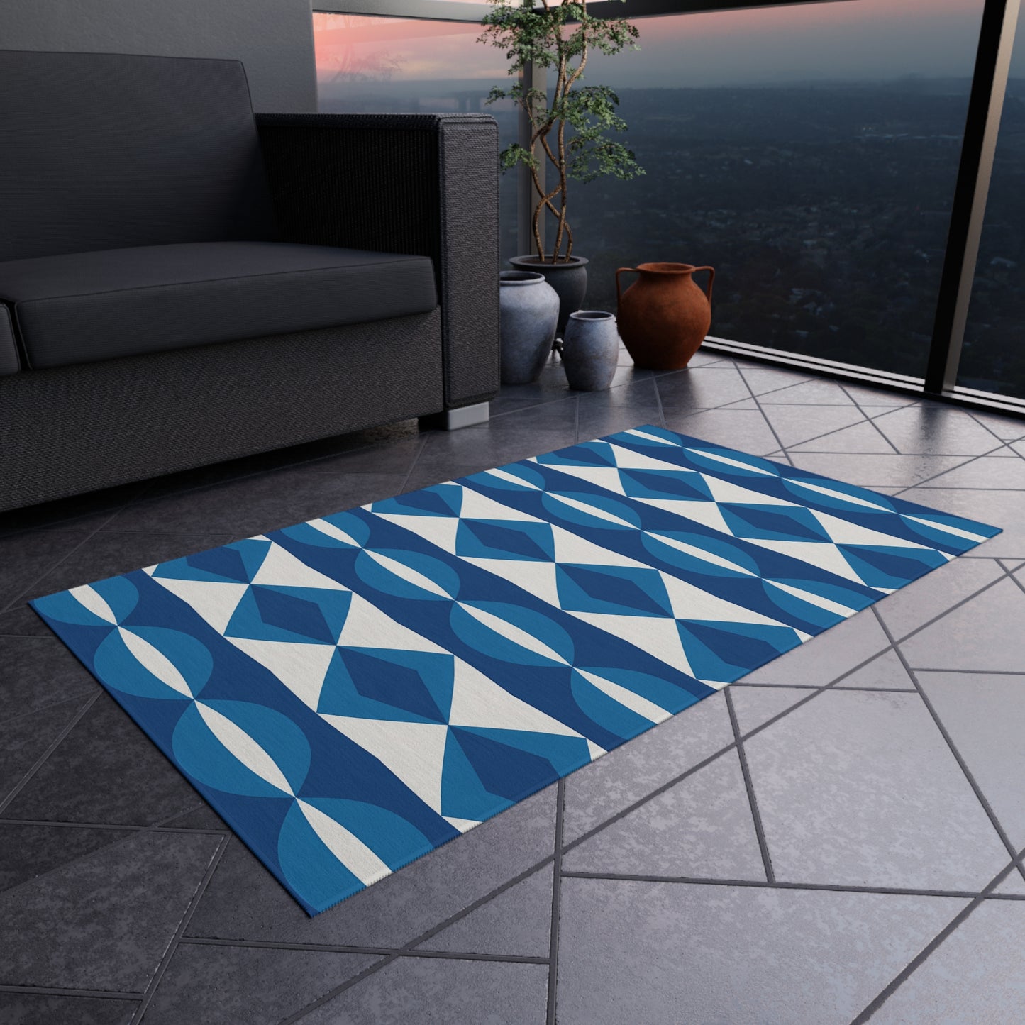 Blue White Geometric Pattern Outdoor Rug | Modern Diamond Stripe Patio Mat