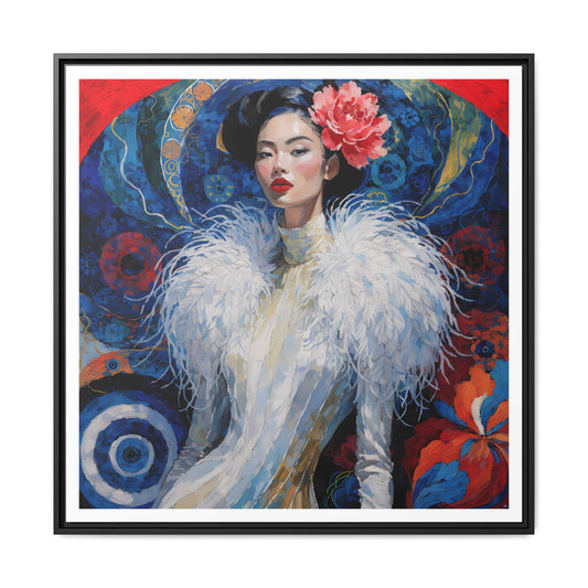 Floral Portrait  Asian Woman Matte Canvas Framed | Colorful Modern Wall Art