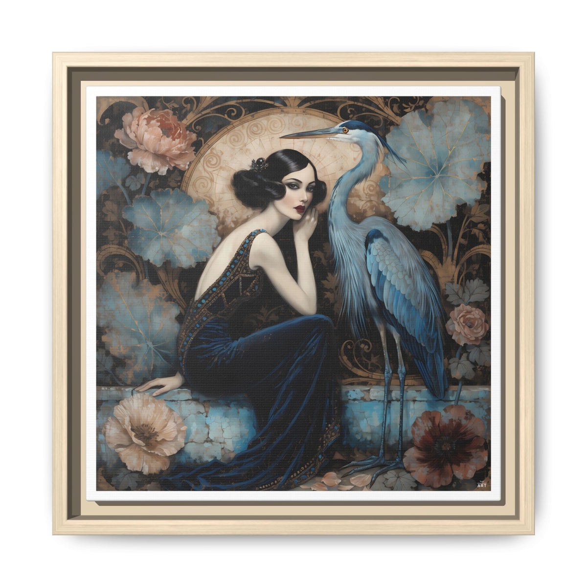 Art Deco Lady with Blue Heron Framed Canvas Wall Art