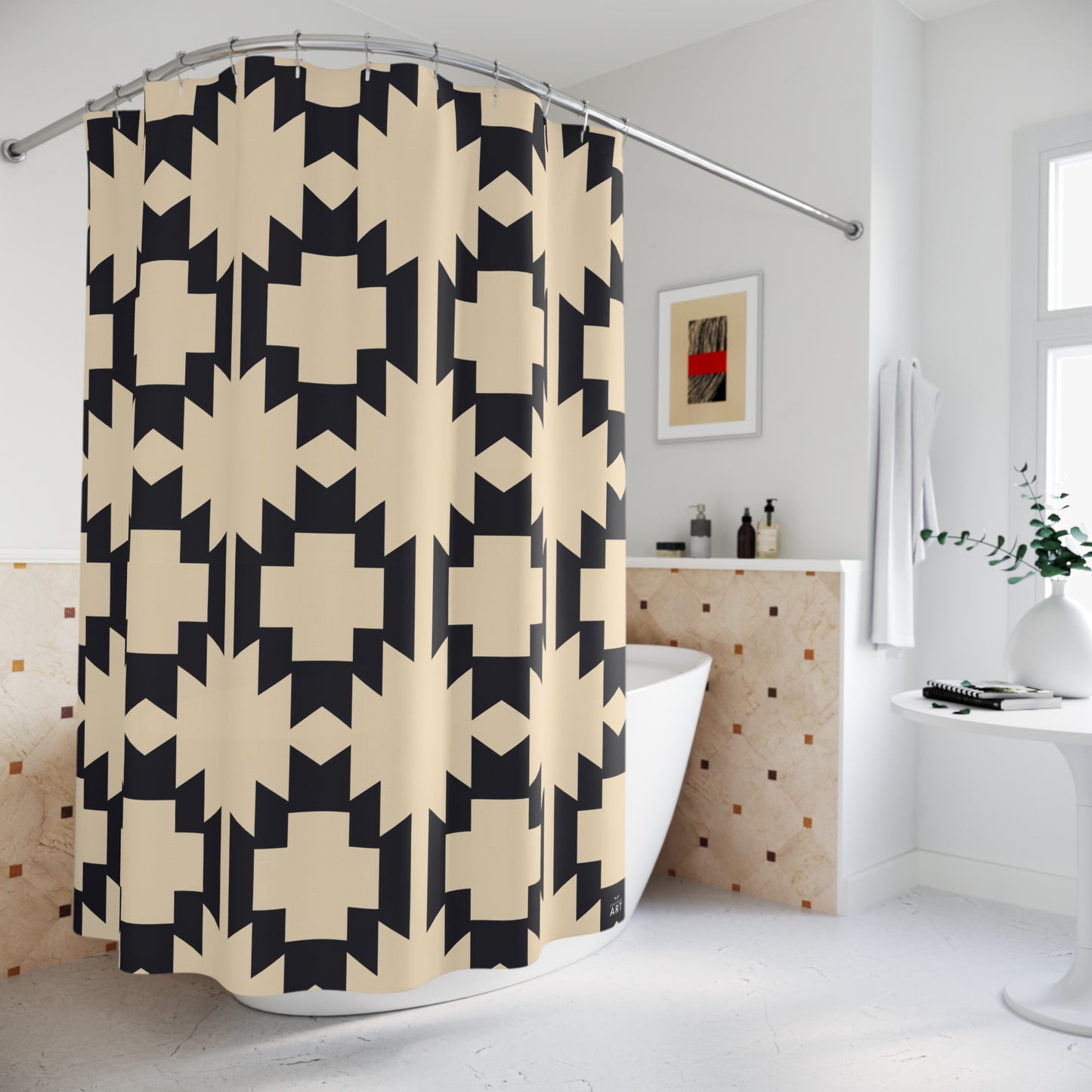 Southwestern Cross Geometric Shower Curtain | Aztec Pattern Beige Black