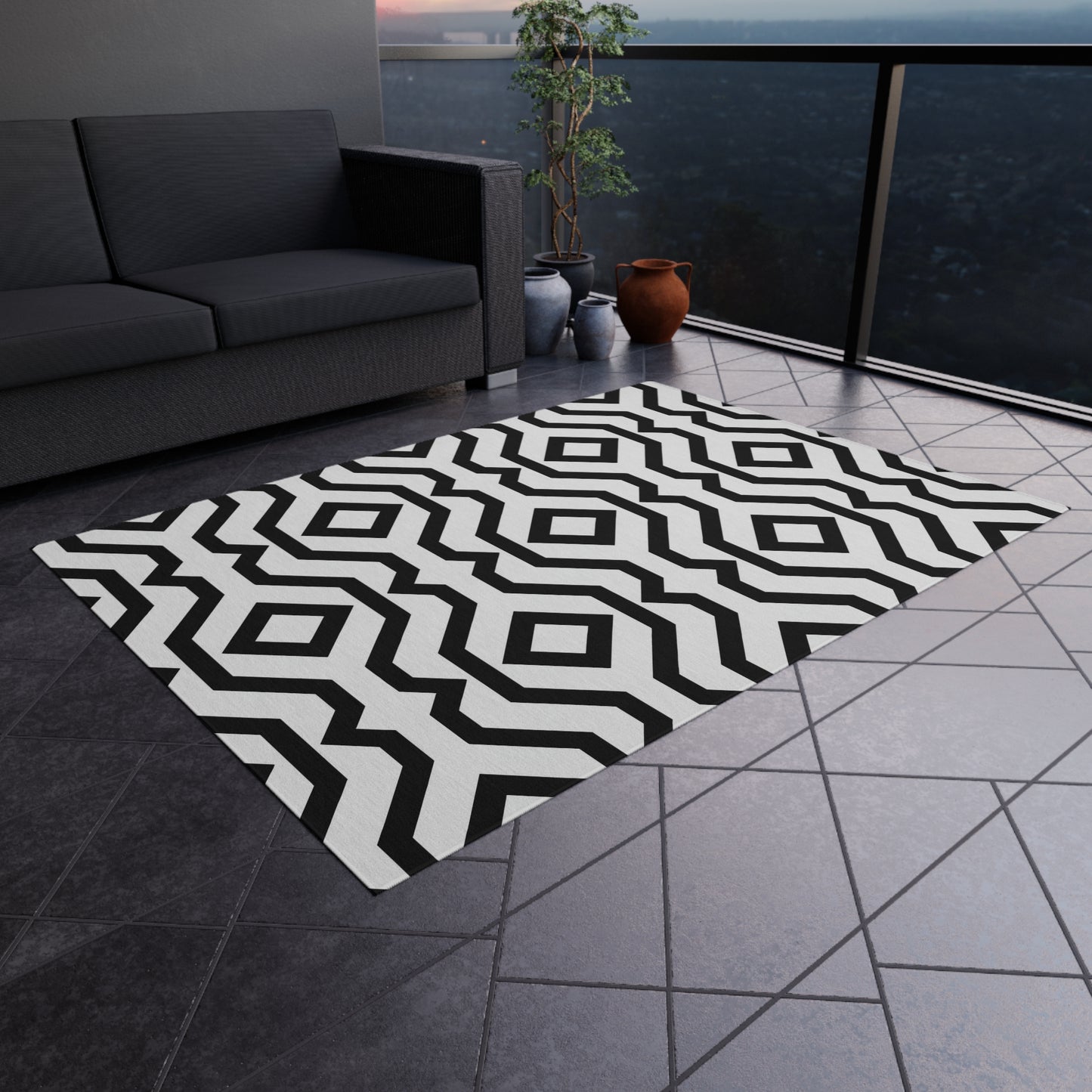 Black White Geometric Diamond Pattern Outdoor/Indoor Rug | Modern Patio Rug