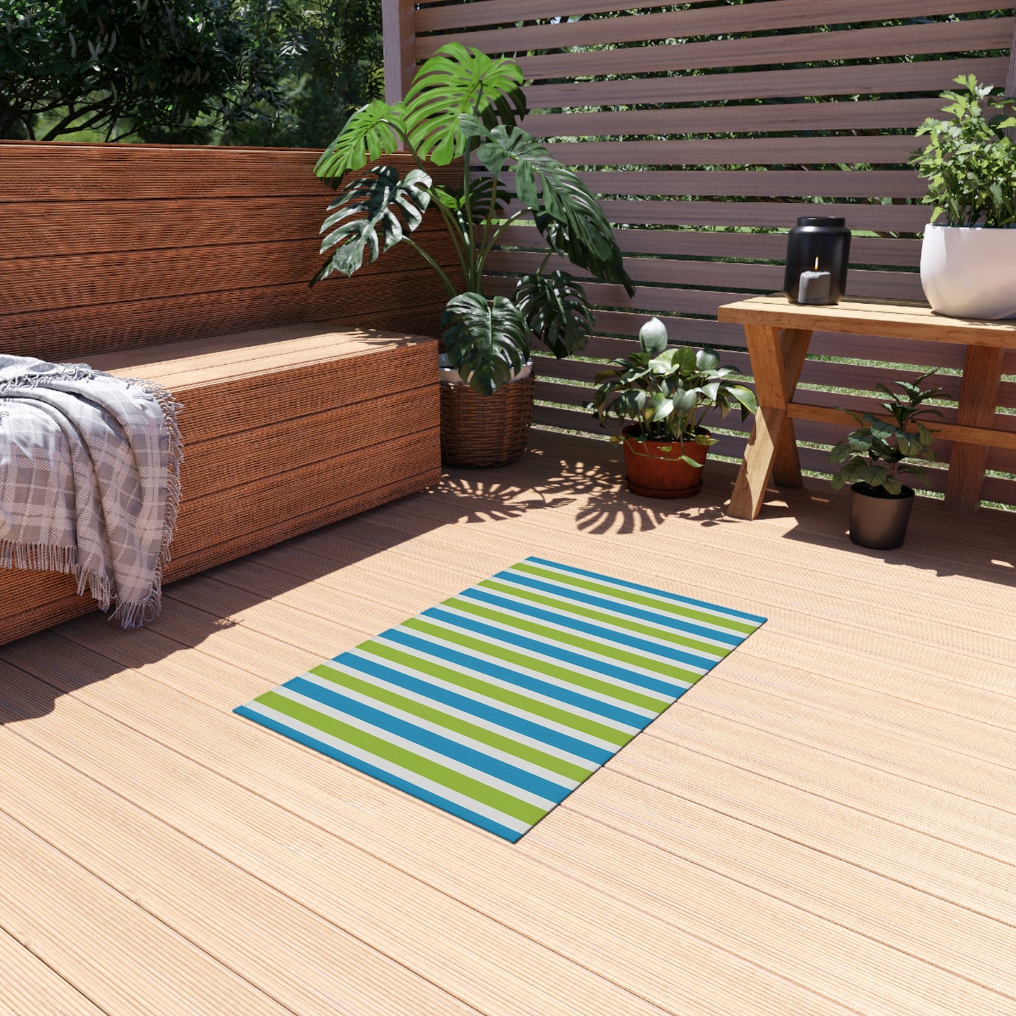 Blue Green Striped Outdoor/Indoor Rug | Patio Mat, Porch Deck Floor Covering