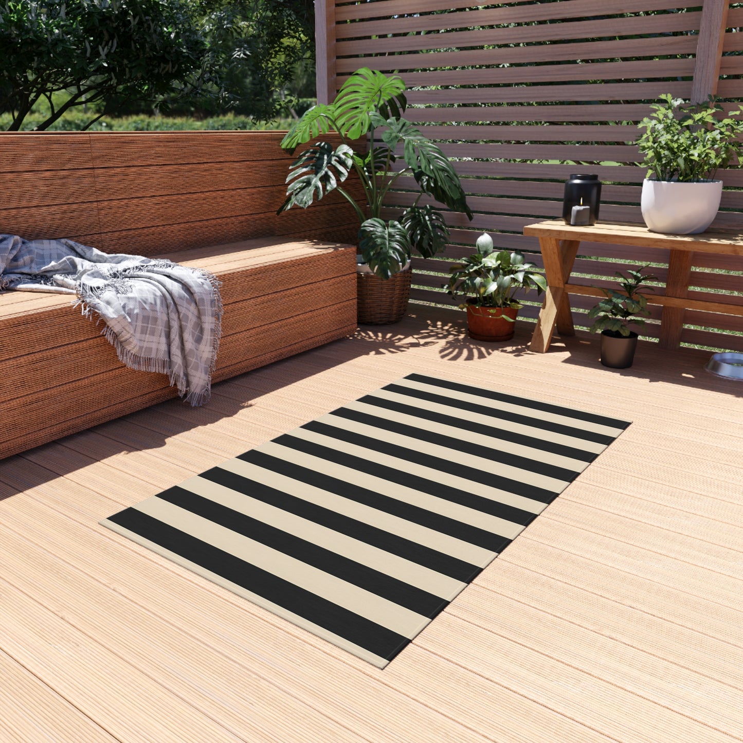 Black and Natural Striped Outdoor/Indoor Rug | Patio Floor Mat