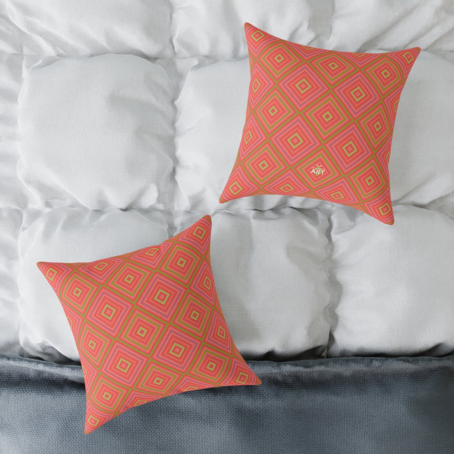 Geometric Diamond Pattern Square Pillow | Coral Orange Pink Accent