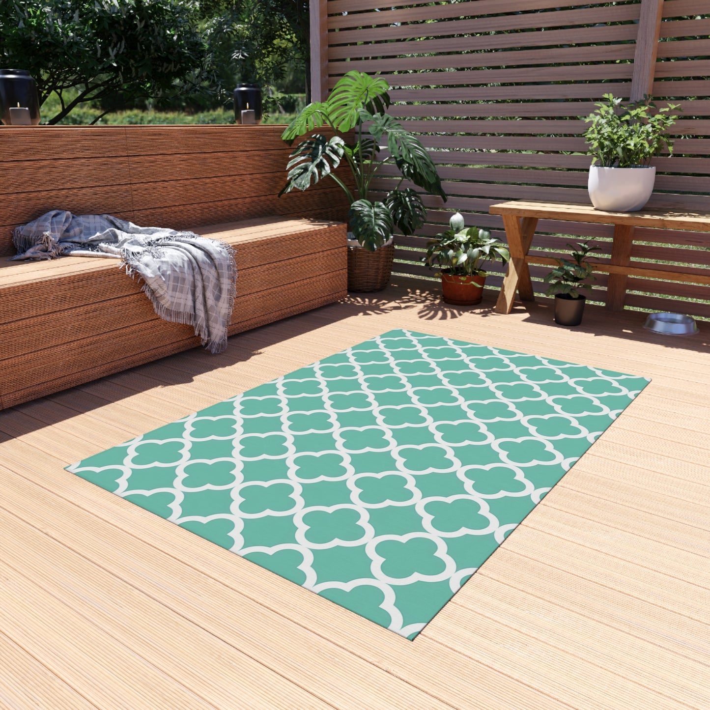 Teal Moroccan Trellis Outdoor/Indoor Rug | Geometric Patio Mat