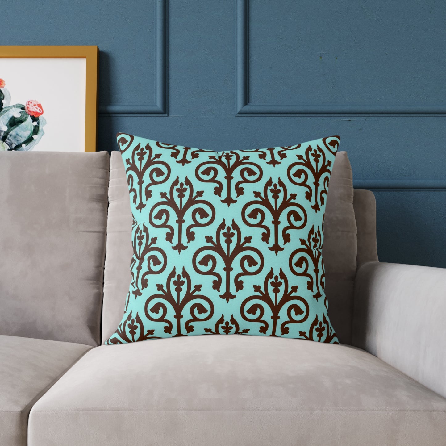 Turquoise Brown Damask Square Pillow | Decorative Throw Pillow