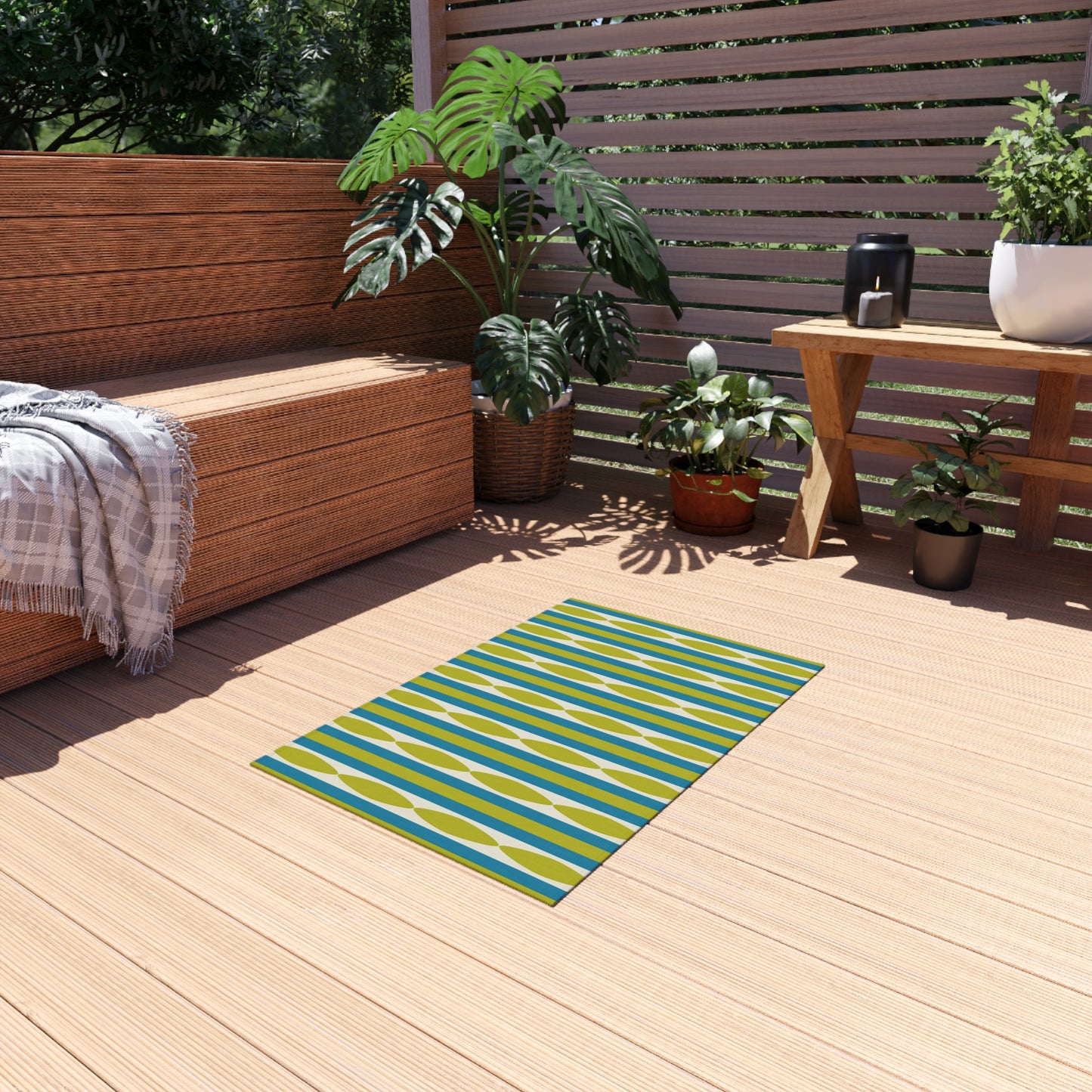 Midcentury Leaf Stripe Outdoor Rug | Patio Mat, Green Blue Linear Pattern