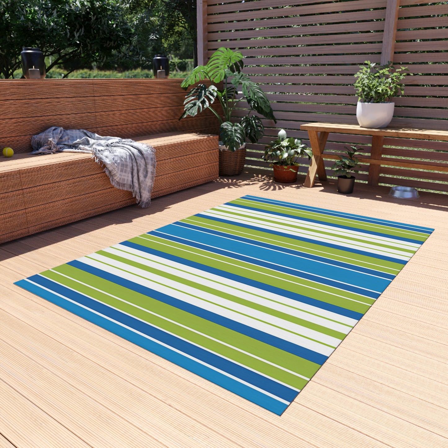 Blue Green Striped Outdoor/Indoor Rug | Patio Mat