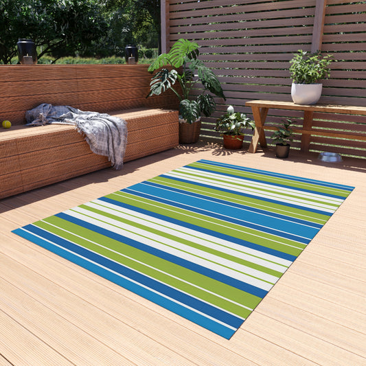 Blue Green Striped Outdoor/Indoor Rug | Patio Mat