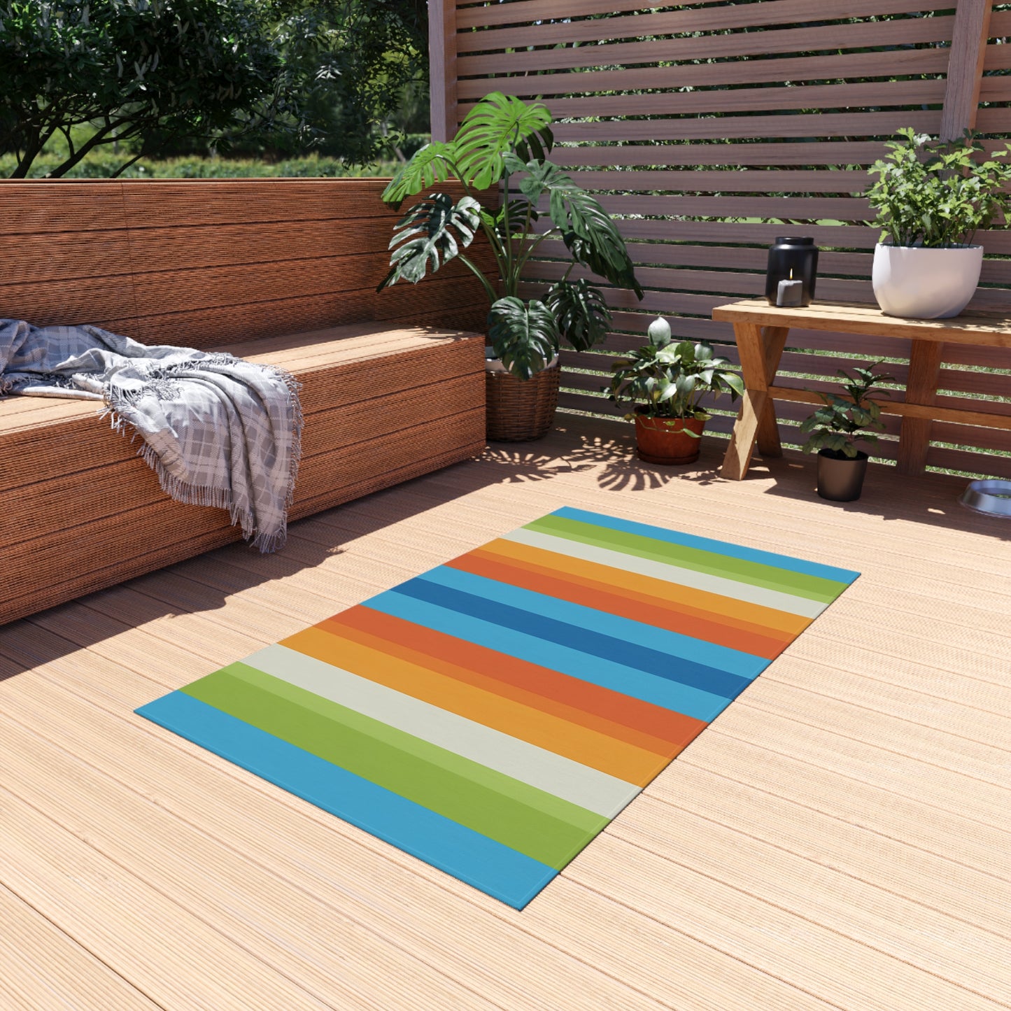 Colorful Vertical Stripe Outdoor/Indoor Rug | Blue Orange Green Patio Mat
