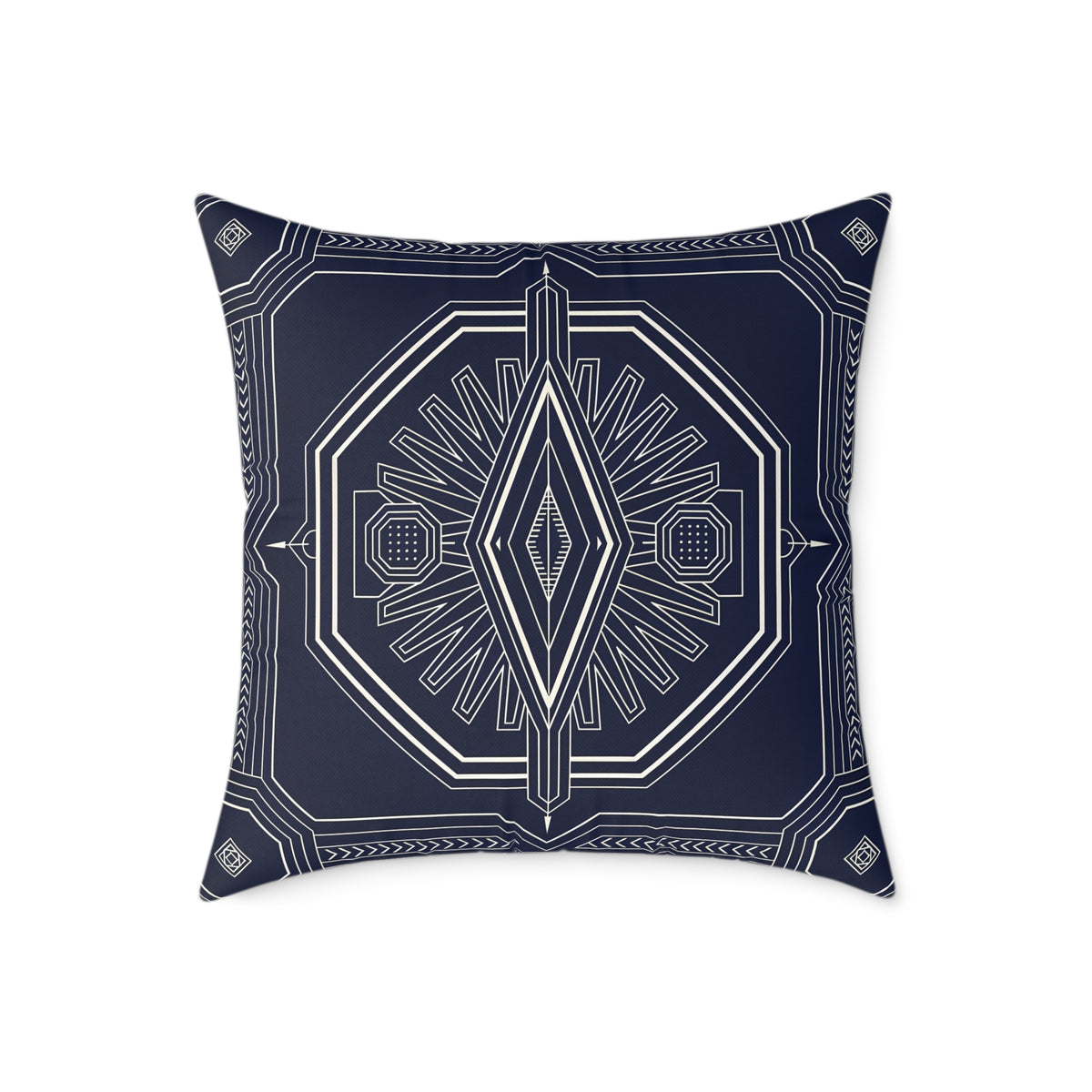 Navy White Geometric Mandala Square Pillow | Tribal Diamond Pattern