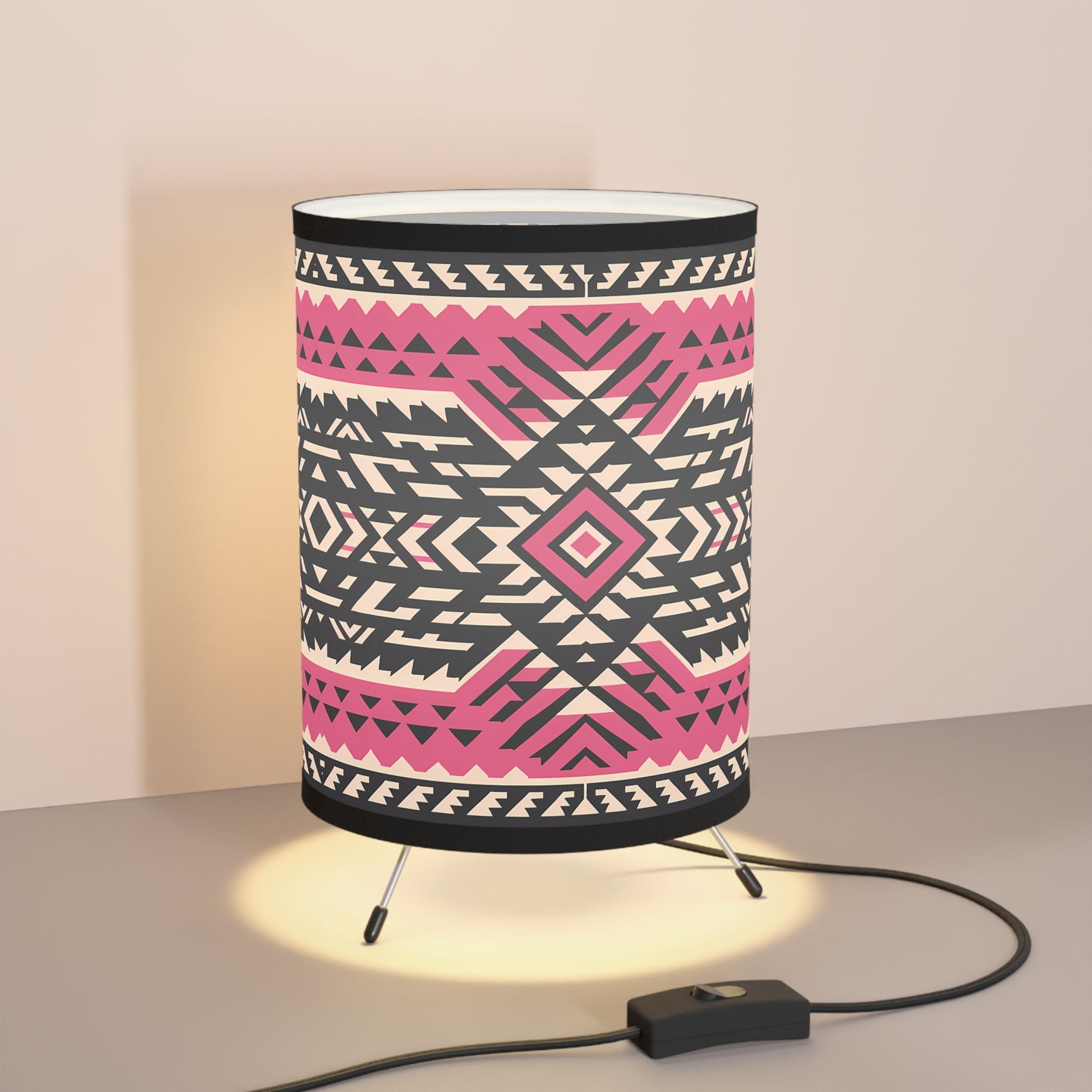 Table Lamp, Pink Black White Tribal Boho Design, Eclectic Home Decor, US CA Plug, Ethnic Lampshade, bedroom, living room decor