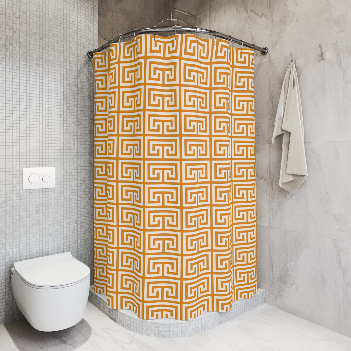 Greek Key Geometric Pattern Shower Curtain | Orange White Maze Tile