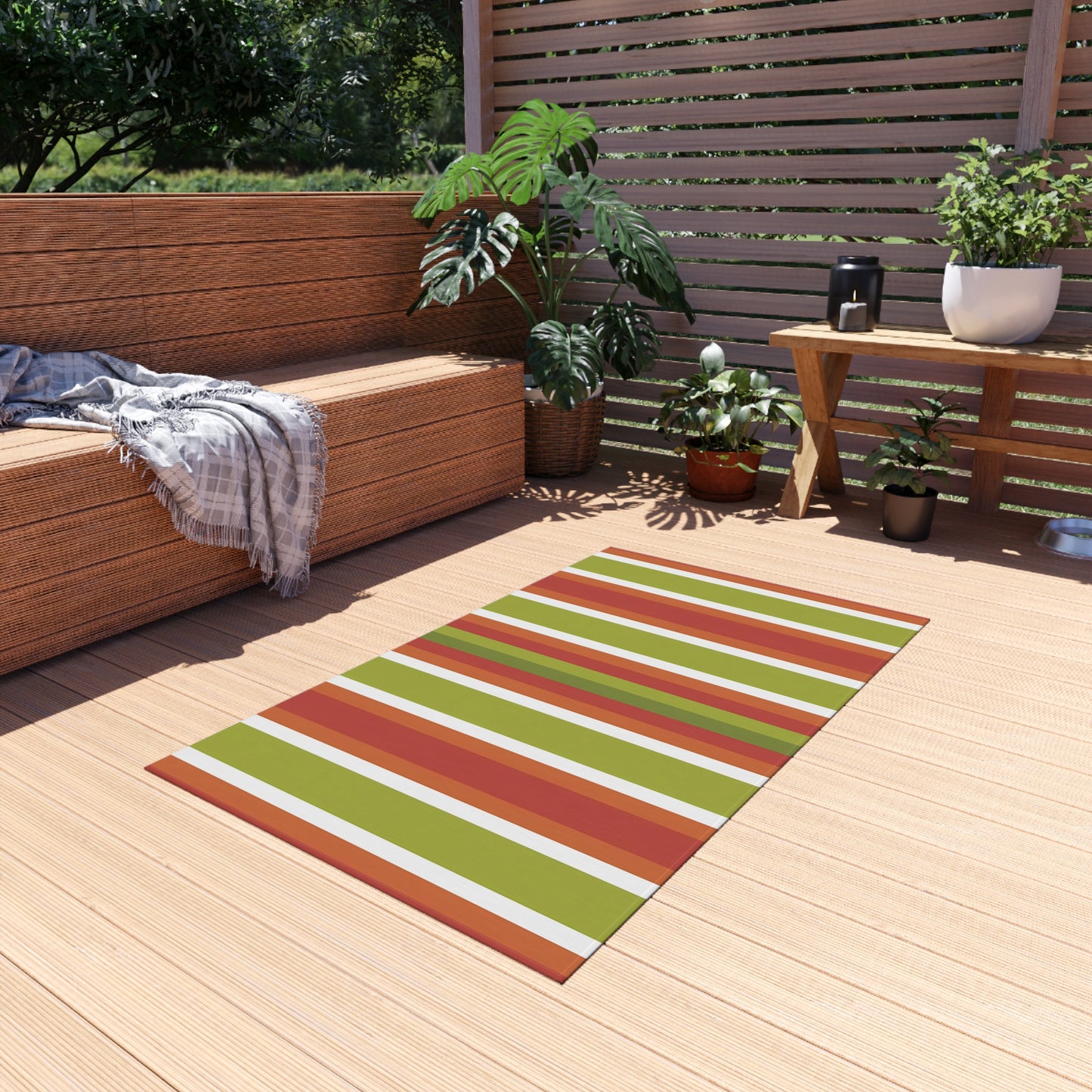Green Orange White Stripe Outdoor Rug | Patio Door Mat, Weatherproof Porch Runner