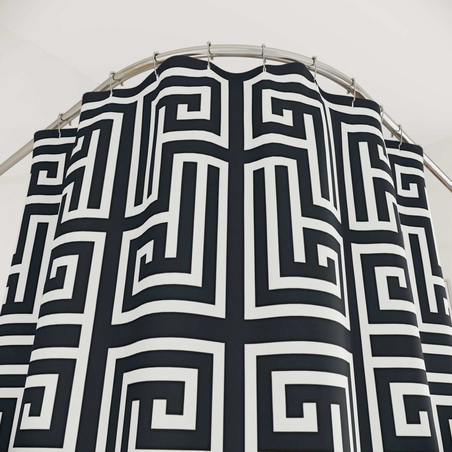 Greek Key Geometric Shower Curtain | Black White Maze Pattern