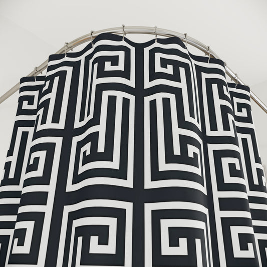 Greek Key Geometric Shower Curtain | Black White Maze Pattern