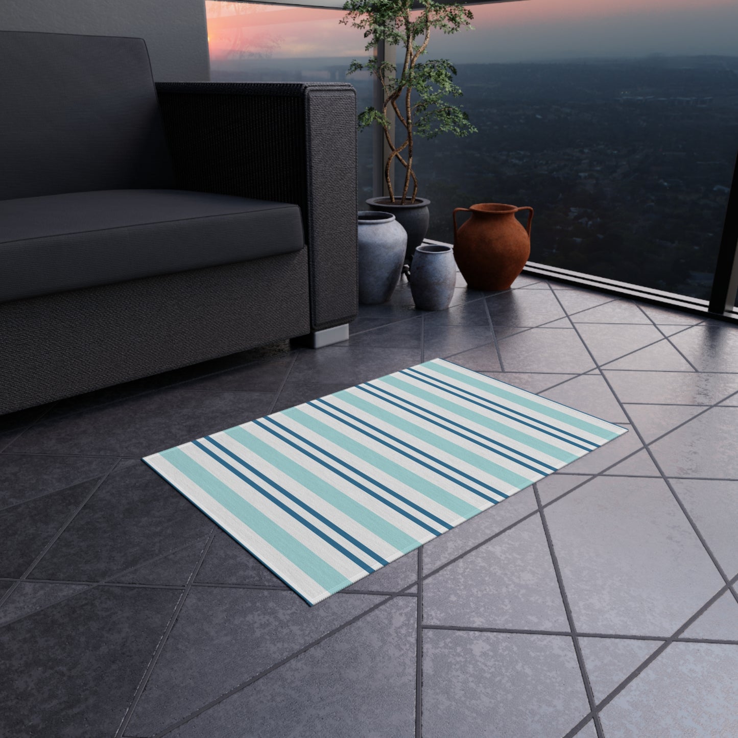 Blue White Striped Coastal Pattern Outdoor Rug | Patio Mat