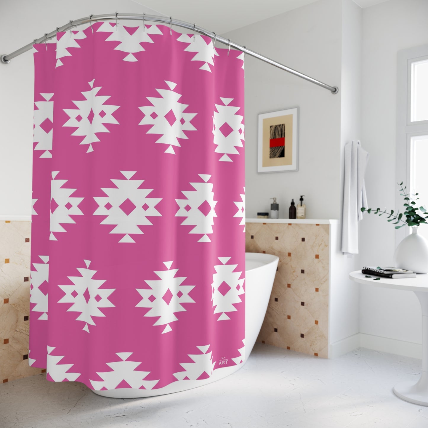 Pink White Boho Aztec Pattern Shower Curtain | Southwestern Geometric Bath Decor
