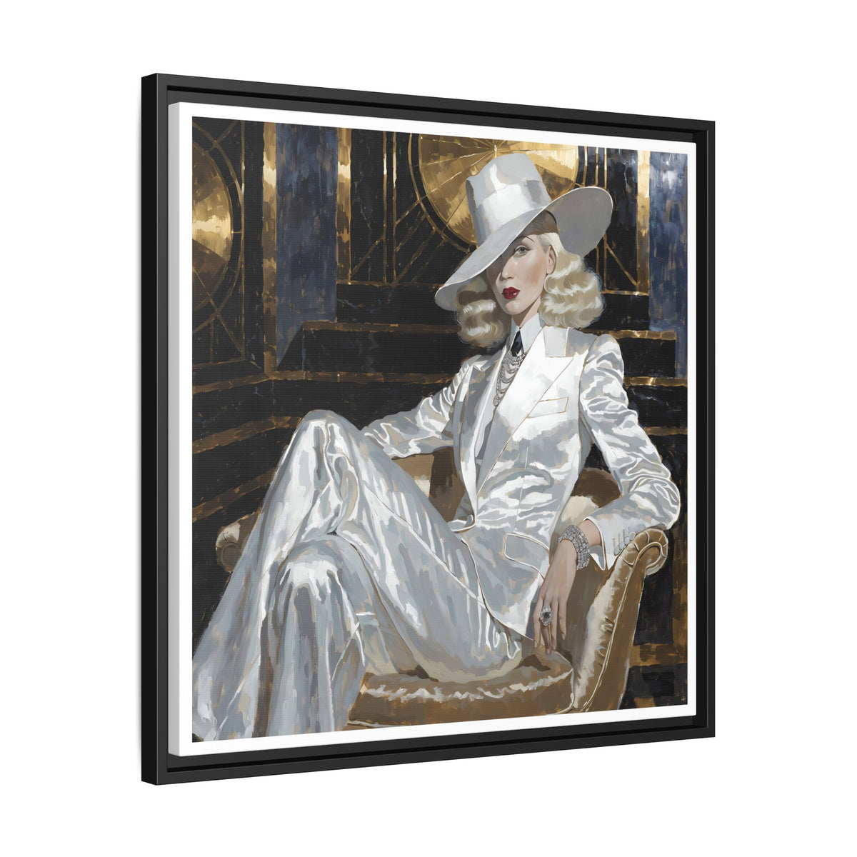 Woman in White Suit Art Print Matte Canvas, Framed | Glamorous Fashion Portrait