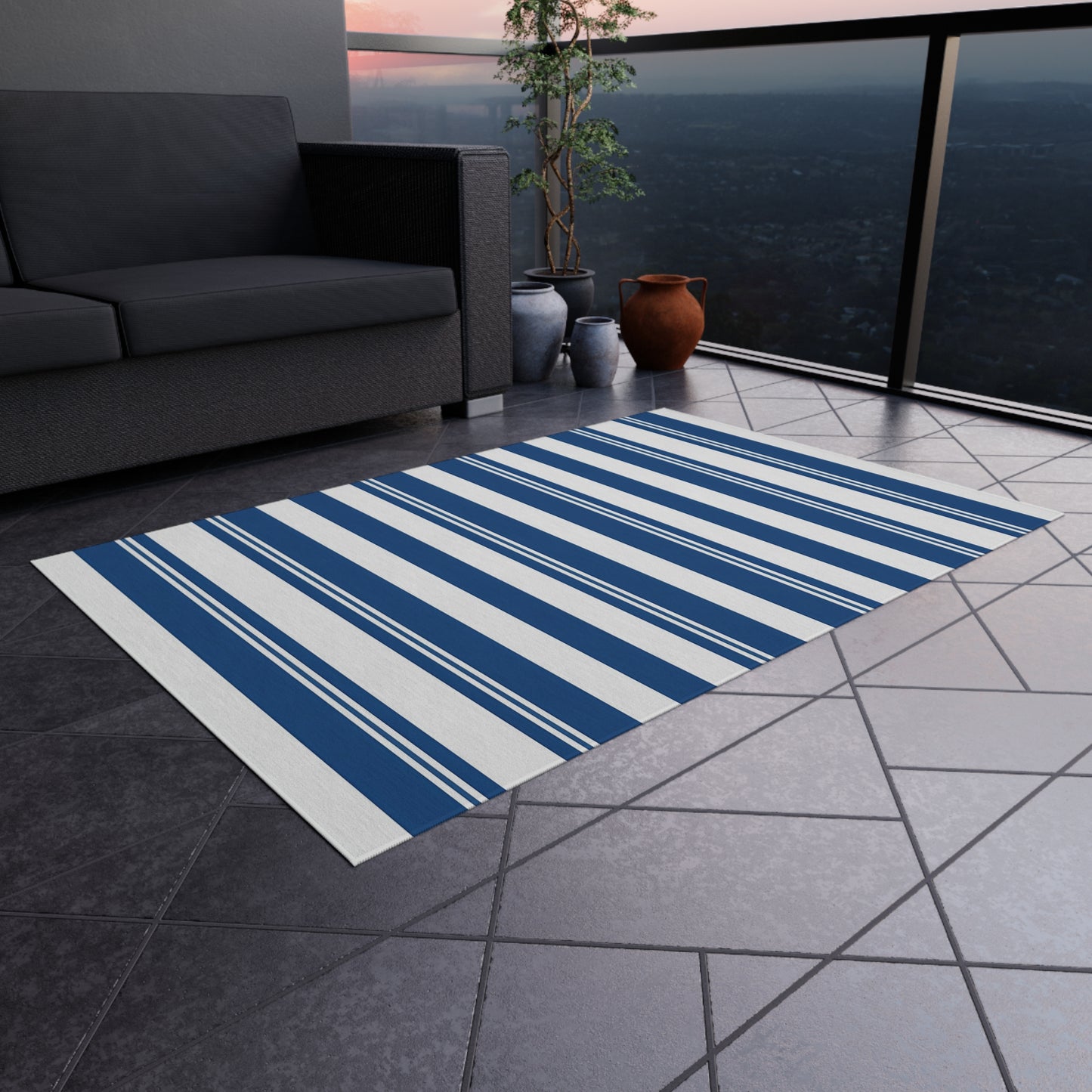 Navy Blue Stripe Outdoor/Indoor Rug | Patio Deck Mat