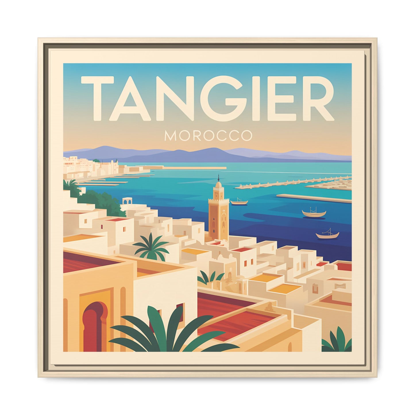 Tangier Morocco Travel Framed Wall Art Matte Canvas | Vintage Style Coastal Wall Art