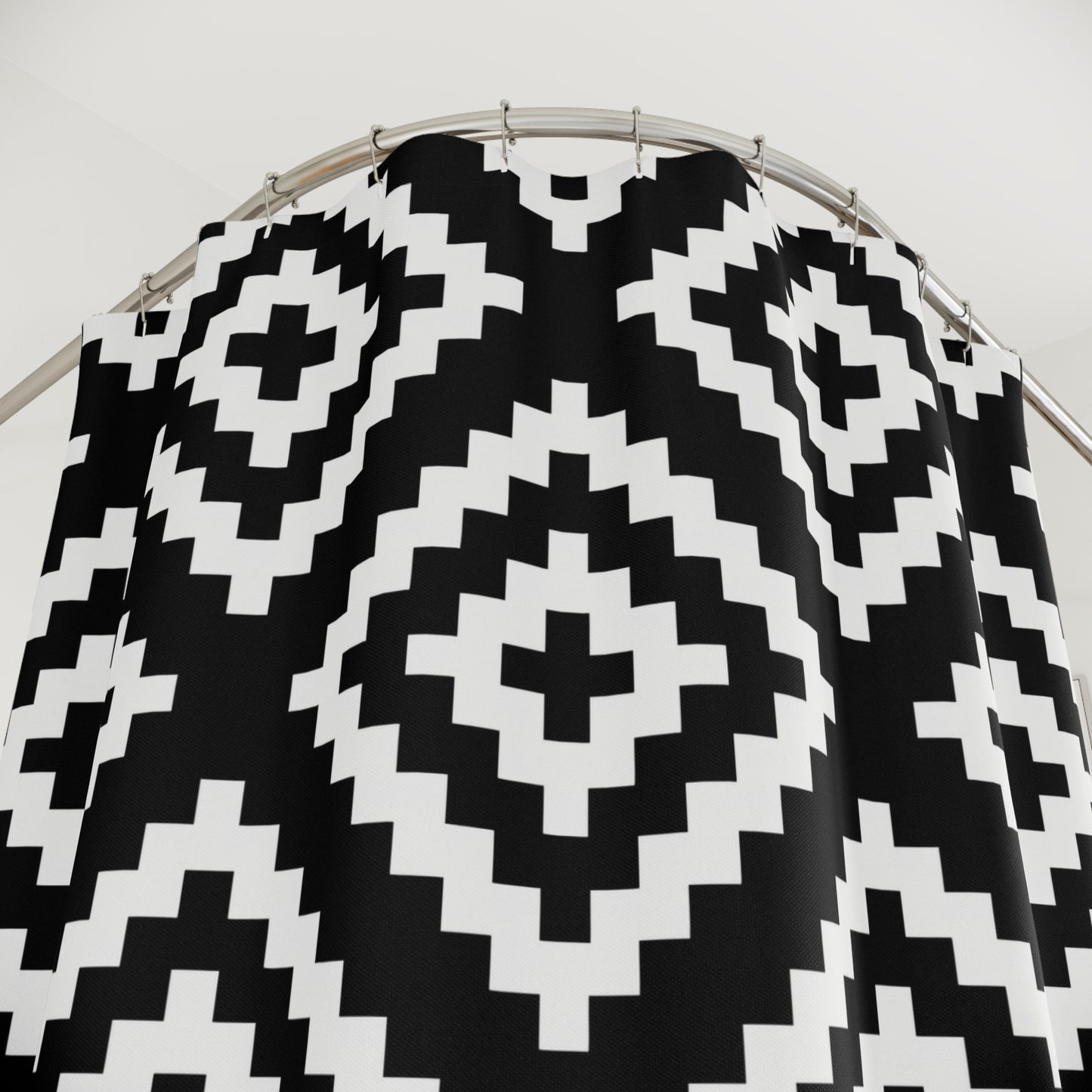 Black White Boho Native American Geometric Diamond Shower Curtain | Aztec Pattern