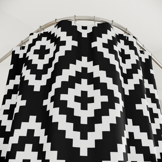 Black White Boho Native American Geometric Diamond Shower Curtain | Aztec Pattern